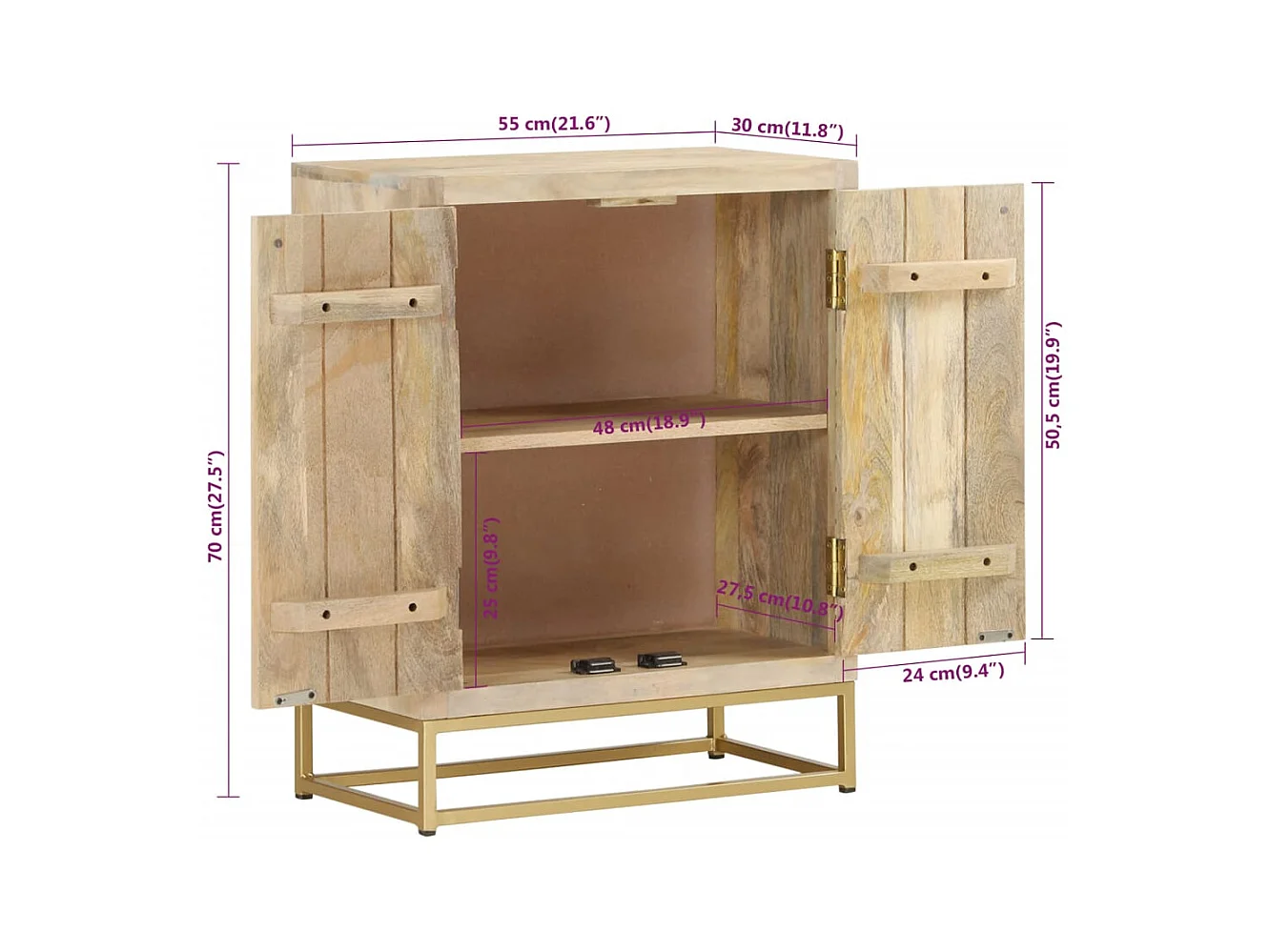 Credenza con 2 Ante 55x30x70 cm in Legno Massello di Mango