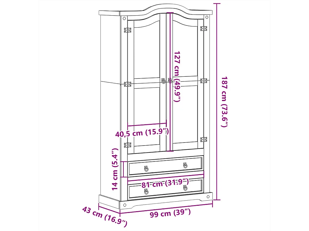 Cristaleira Corona 99x43x187 cm madeira de pinho maciça