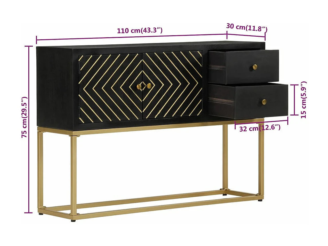 Buffet noir et doré 110x30x75 cm bois massif de manguier