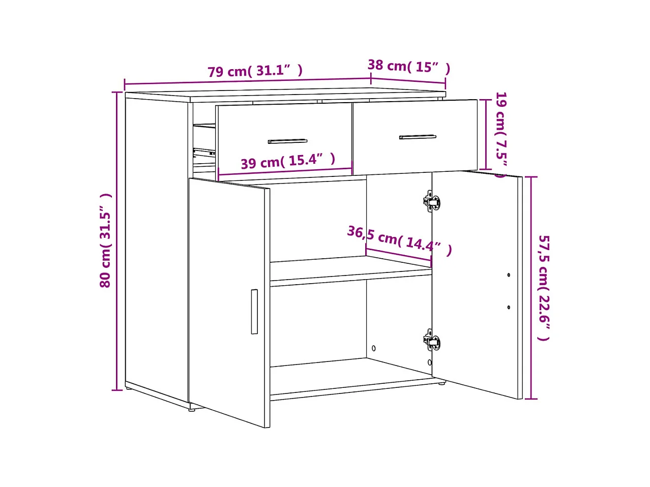 Dressoir 79x38x80 cm bewerkt hout gerookt eikenkleurig