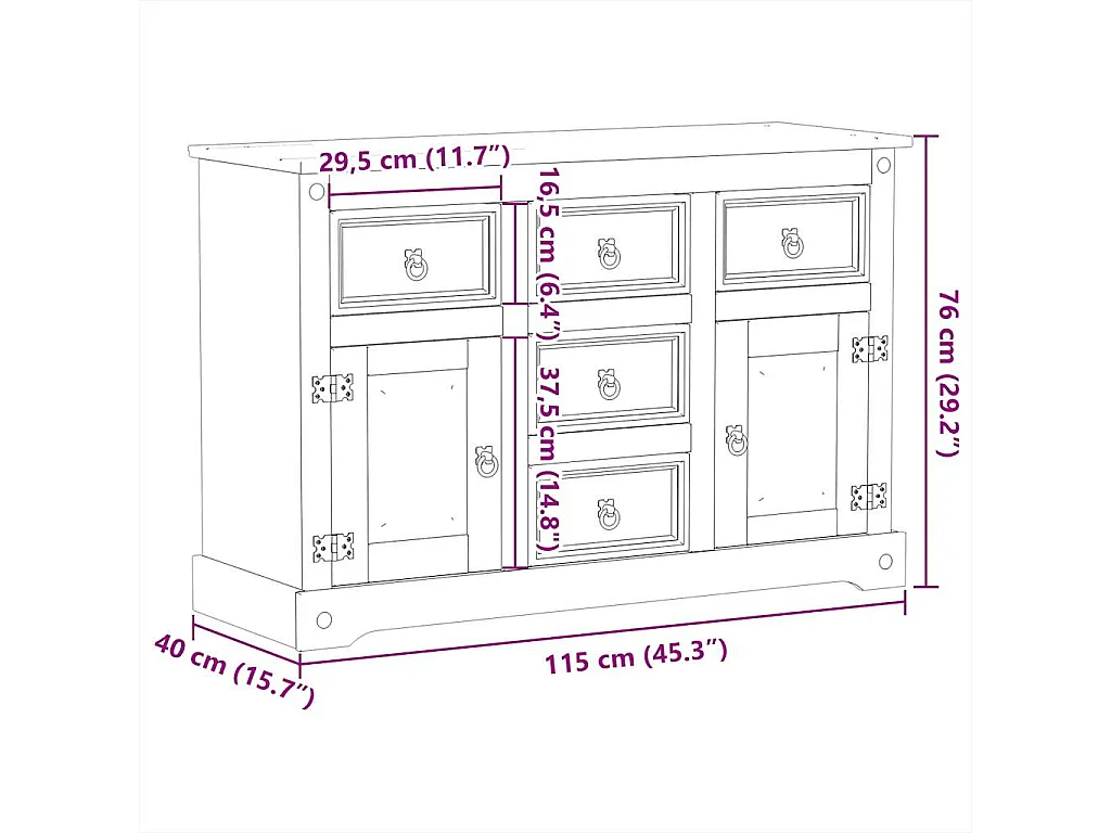 Kompaktowy kredens z litego drewna sosnowego 112x40x75 cm z szufladami i metalowymi uchwytami, wykończenie woskiem miodowym