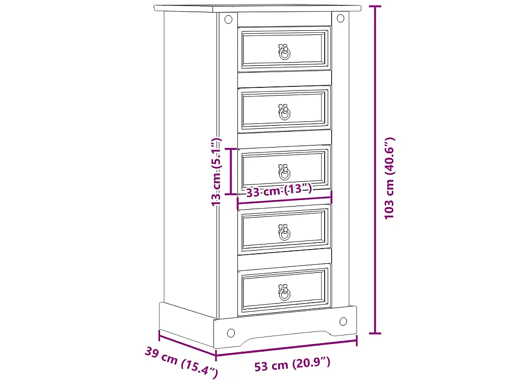 Mesita de noche Corona madera maciza de pino 53x39x103 cm