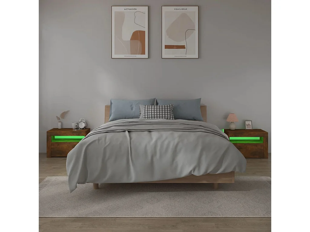 Tables de chevet 2 pcs avec LED chêne fumé 60x35x40 cm