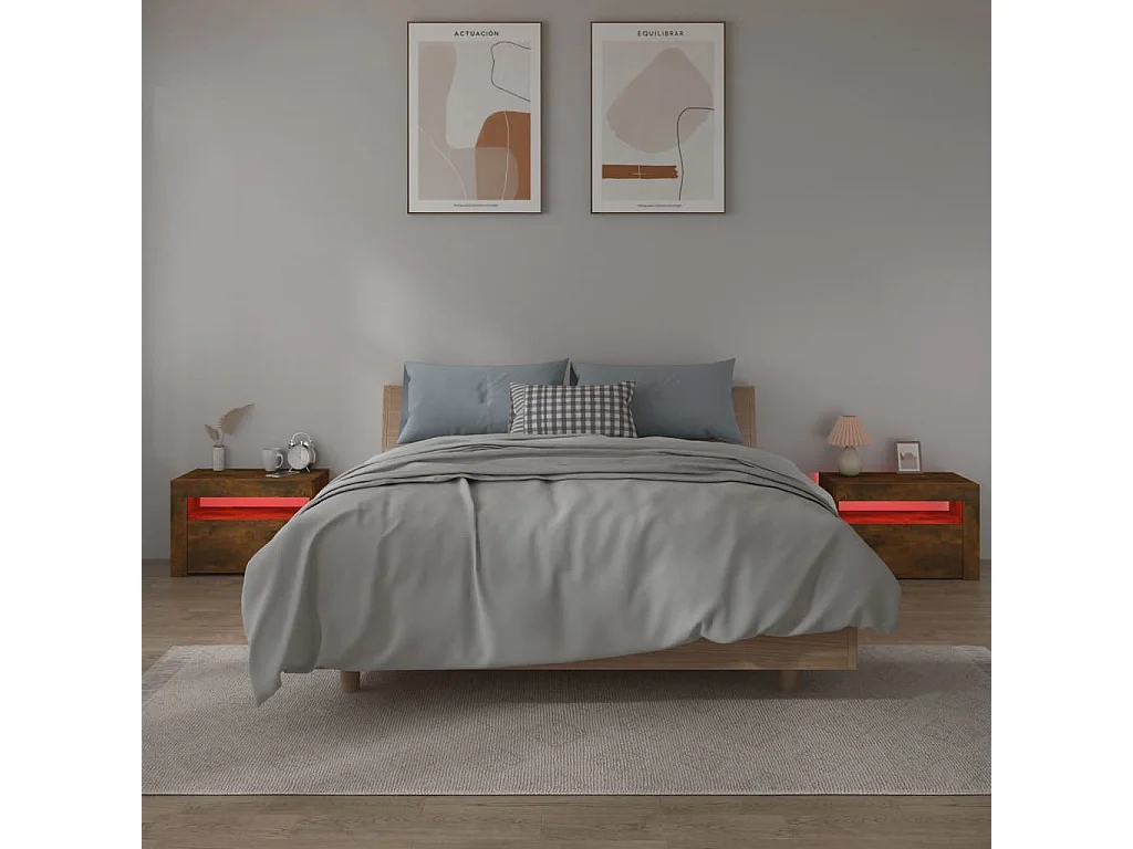 Tables de chevet 2 pcs avec LED chêne fumé 60x35x40 cm