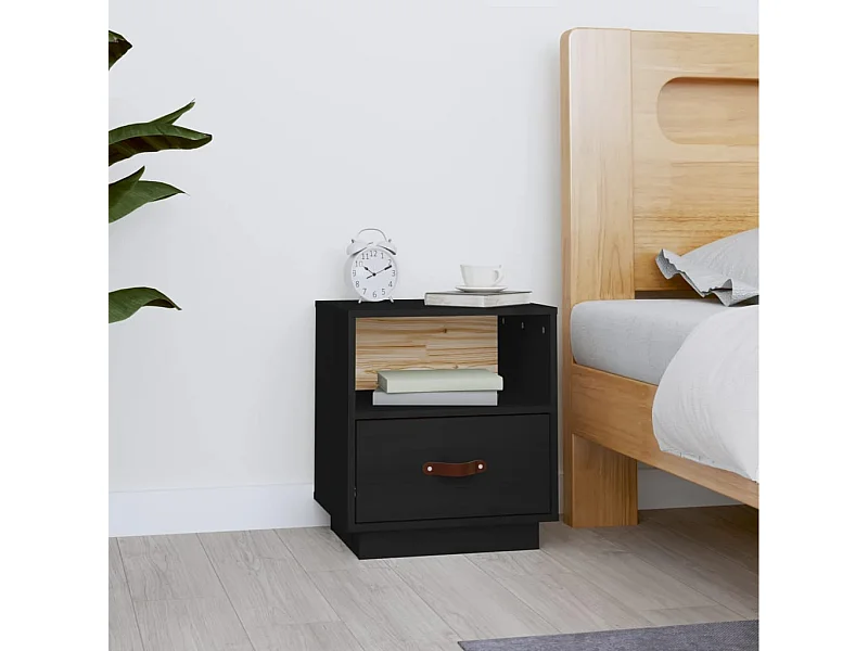 Comodino Nero 40x34x45 cm in Legno Massello di Pino