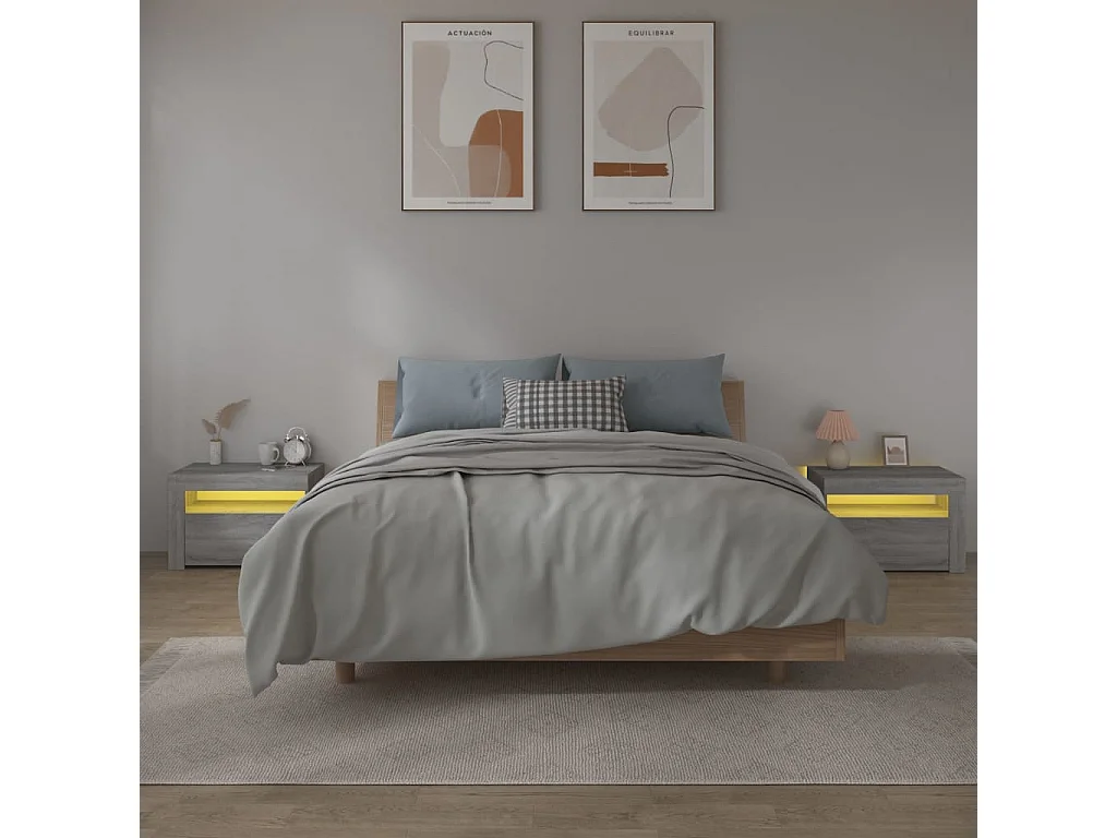 Mesas de cabeceira com LEDs 2 pcs 60x35x40 cm sonoma cinza