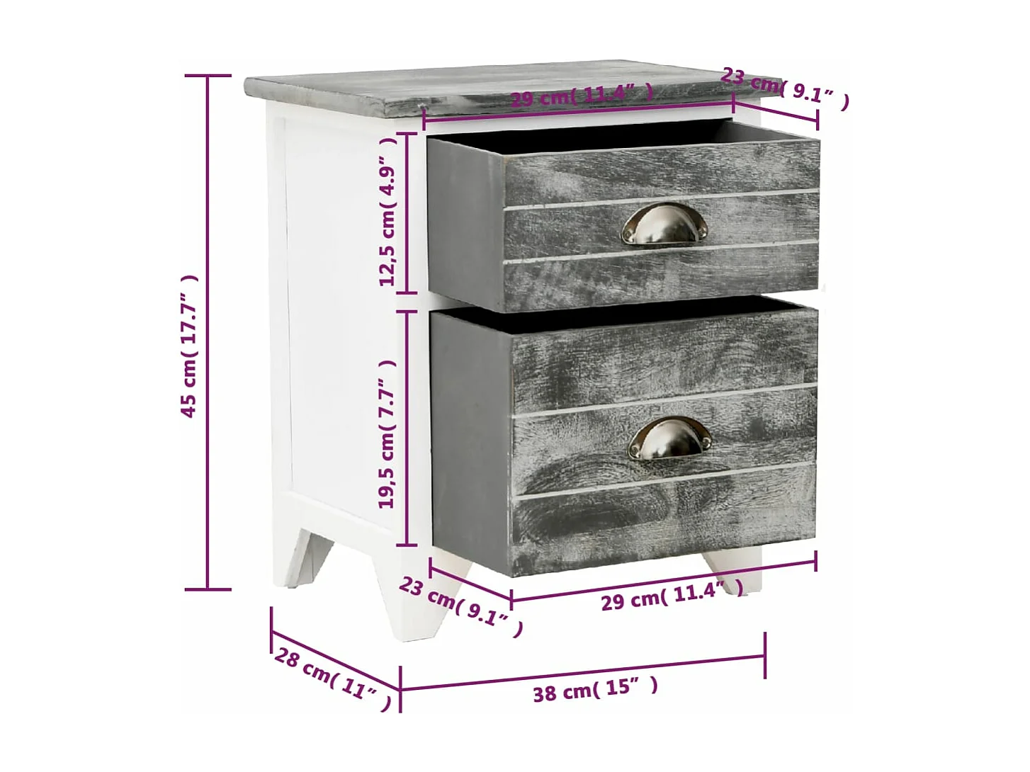 Nachtkastje 38x28x45 cm paulowniahout grijs en wit