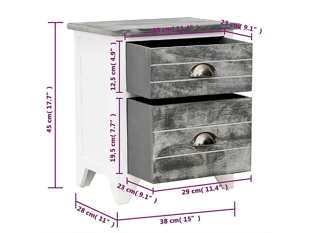 Table de chevet Gris et blanc 38x28x45 cm Bois de Paulownia