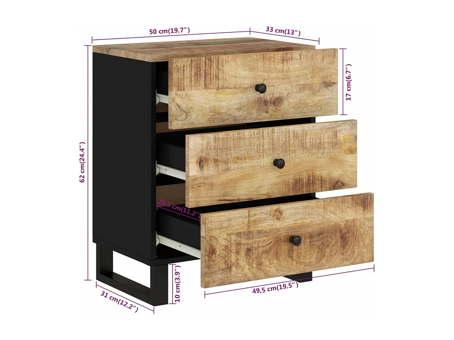 Mesita de noche madera mango madera contrachapada 50x33x62 cm