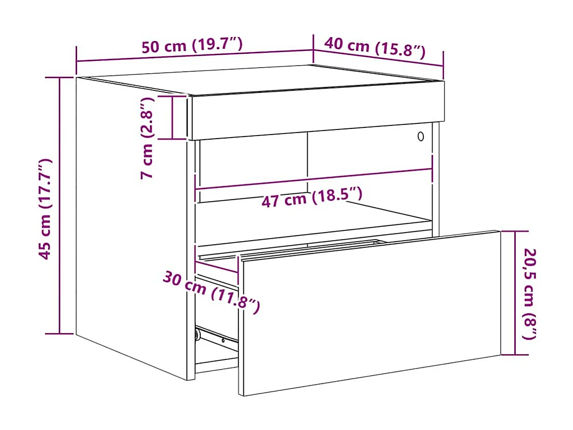Table de chevet avec lumières LED chêne fumé 50x40x45 cm