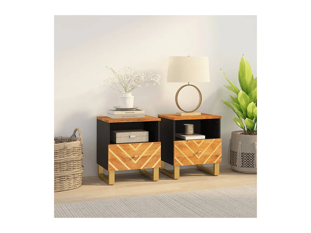 Comodini 2 pz Marrone e Nero in Legno Massello di Mango