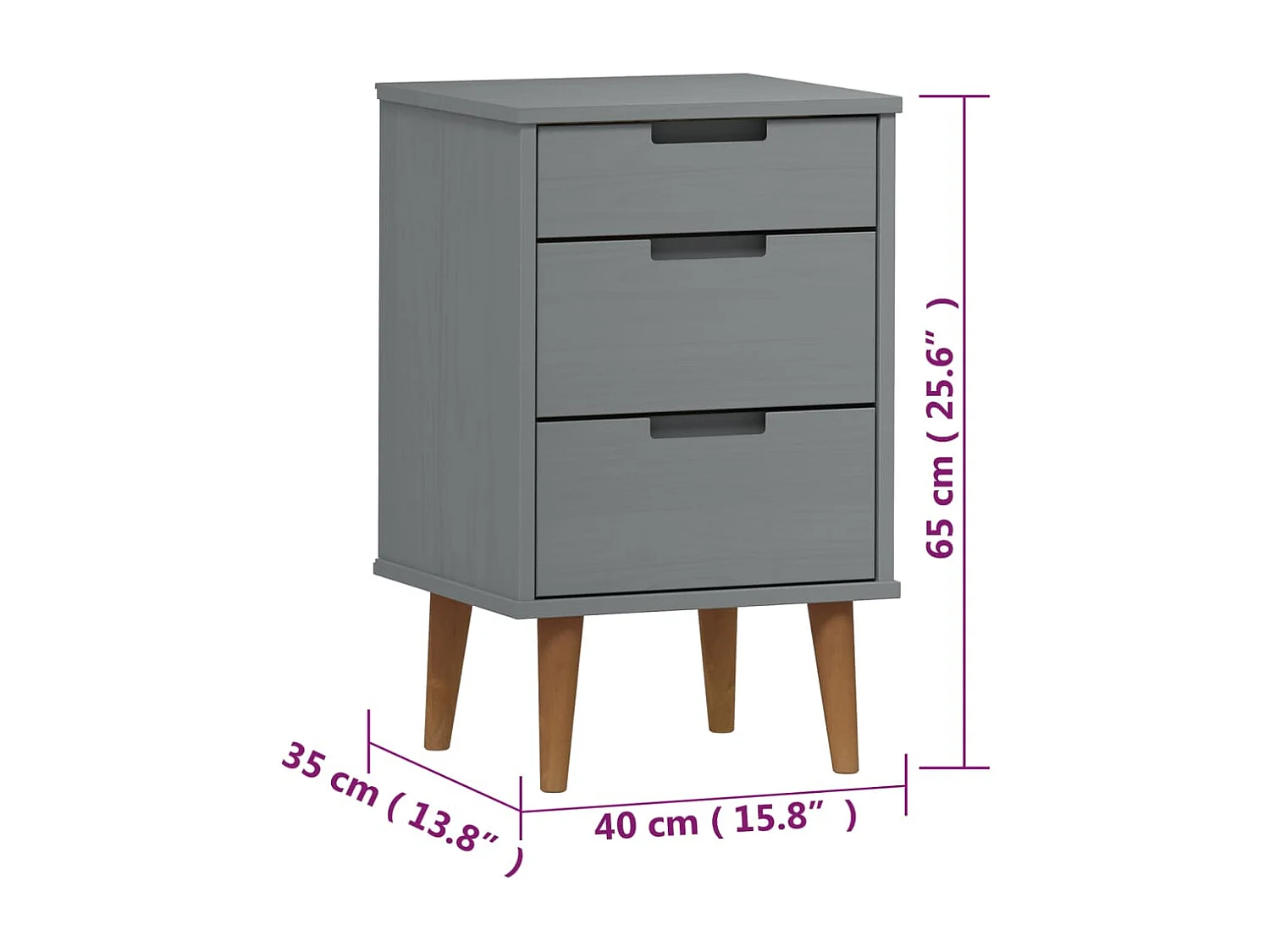 Comodino MOLDE Grigio 40x35x65 cm in Legno Massello di Pino