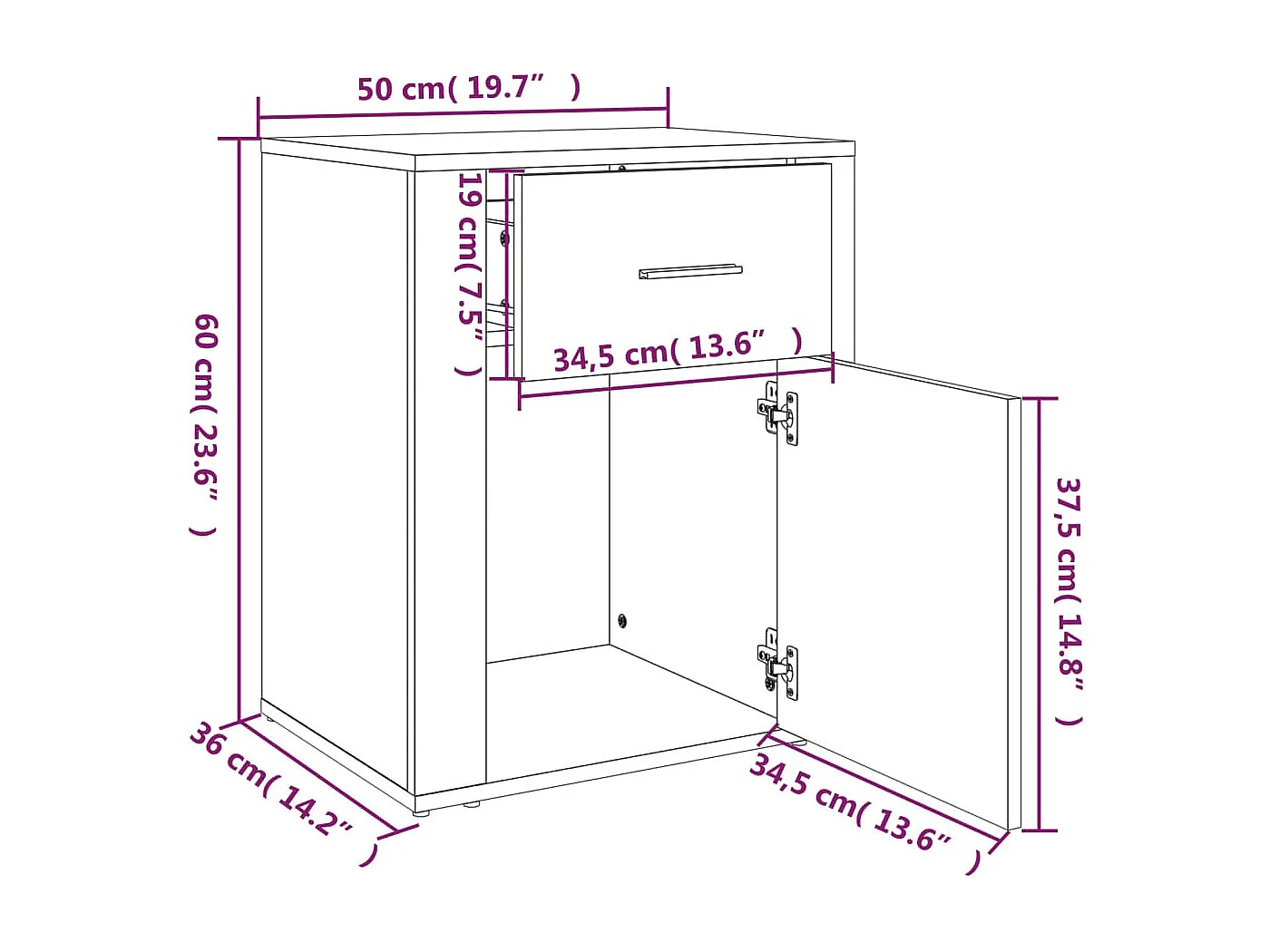 Mesita de noche madera contrachapada blanco 50x36x60 cm