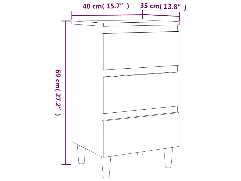 Table de chevet avec pieds en bois solide gris béton 40x35x69cm
