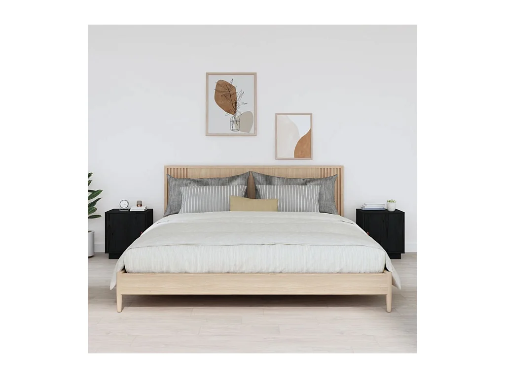 Comodini Nero 2 pz 40x34x45 cm in Legno Massello di Pino