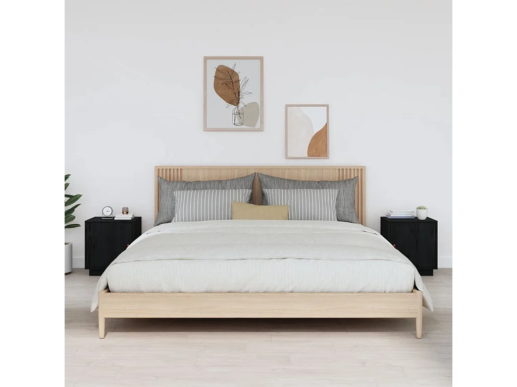 Nachttische 2 Stk. Schwarz 40x34x45 cm Massivholz Kiefer