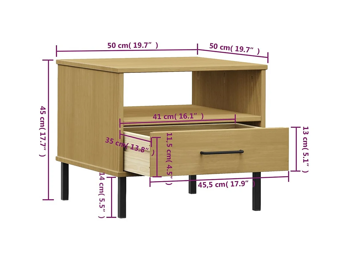 Table de chevet avec pieds en métal Marron Bois pin massif OSLO