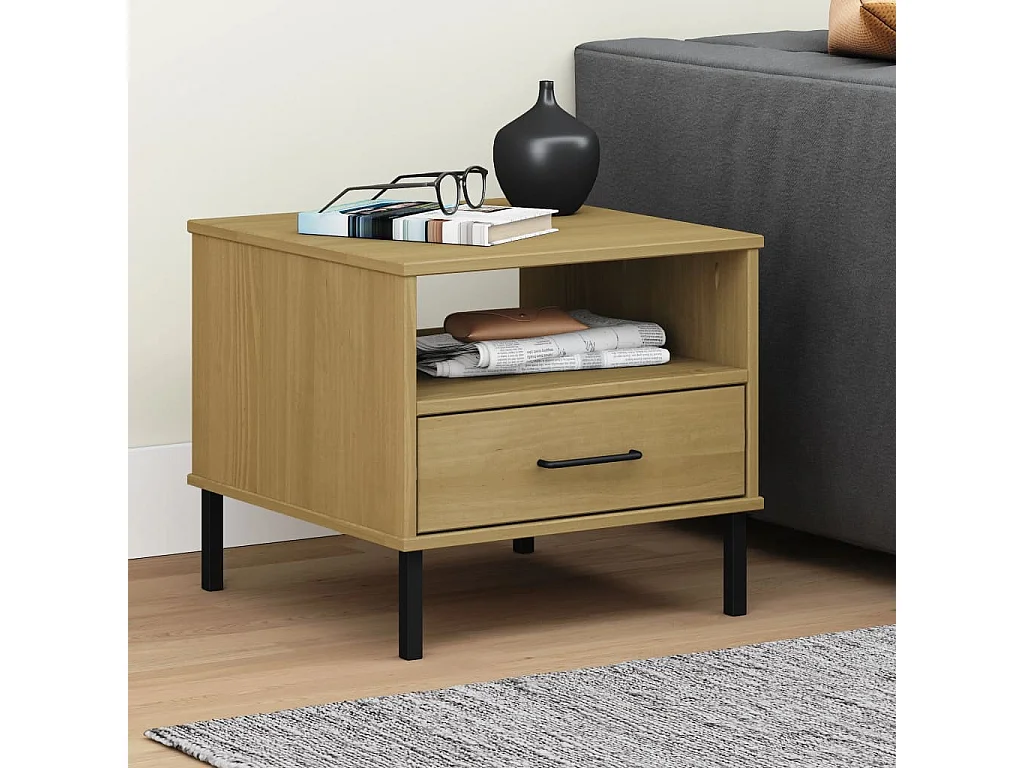 Comodino con Gambe in Metallo Marrone Legno Massello Pino OSLO