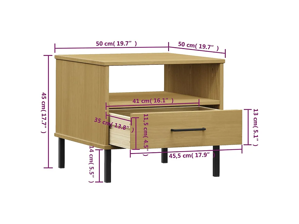 Comodino con Gambe in Metallo Marrone Legno Massello Pino OSLO
