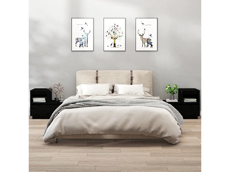 Comodini Neri 2 pz 60x34x51 cm in Legno Massello di Pino