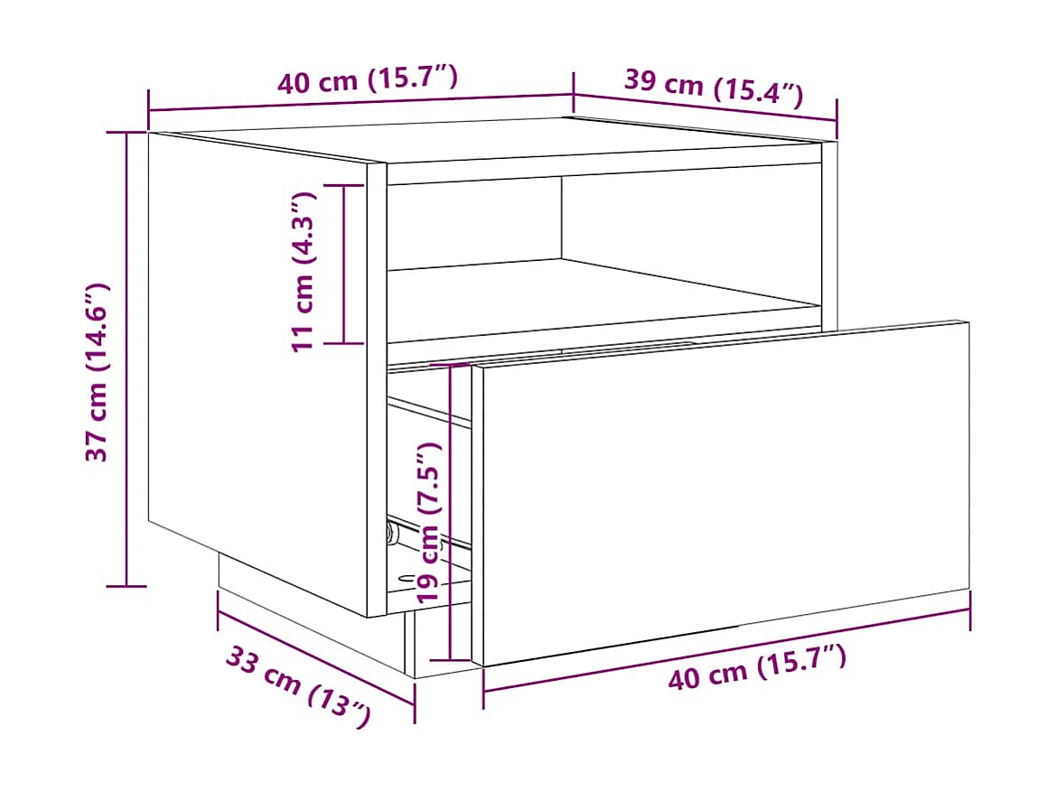 Table de chevet avec lumières LED chêne fumé 40x39x37 cm