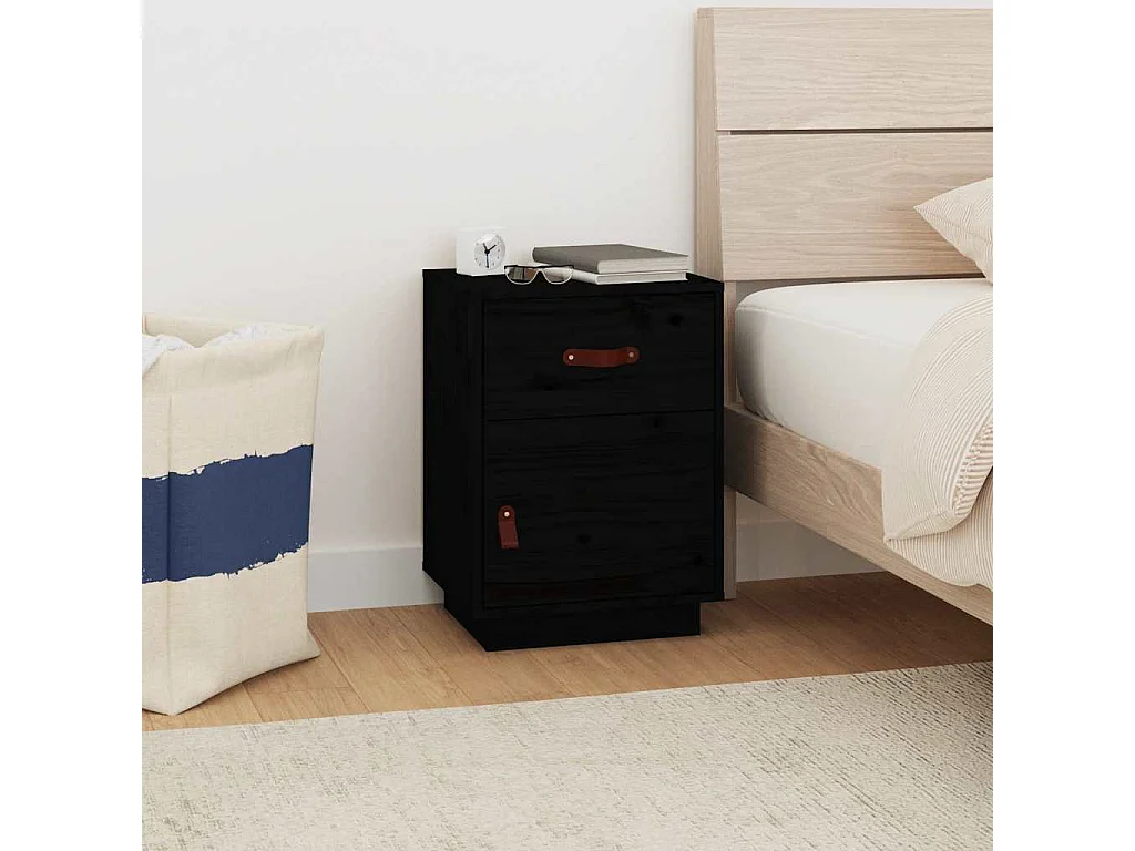 Mesita de noche madera maciza de pino negro 40x34x55 cm