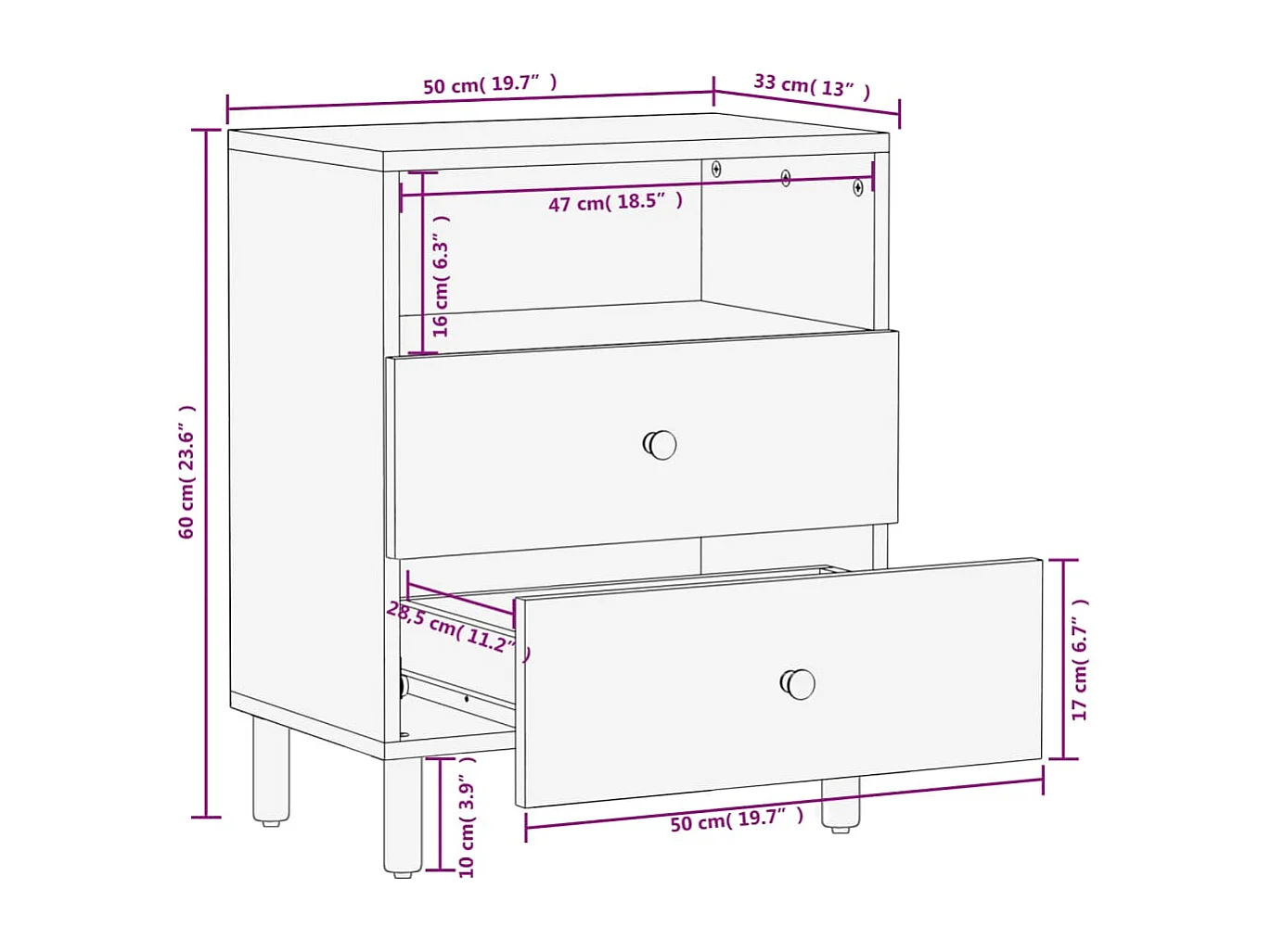 Table de chevet noir 50x33x60 cm bois de manguier massif
