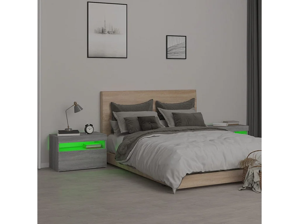 Nachtkastje 2 st met LED-verlichting 60x35x40 cm grijs sonoma