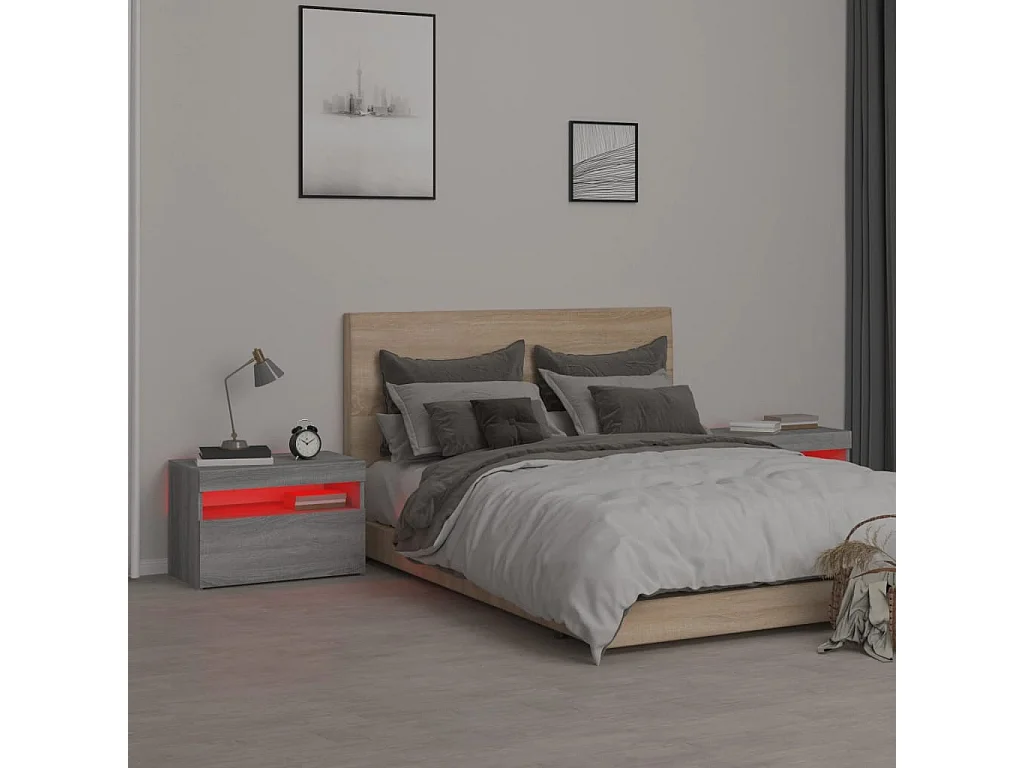 Nachtkastje 2 st met LED-verlichting 60x35x40 cm grijs sonoma