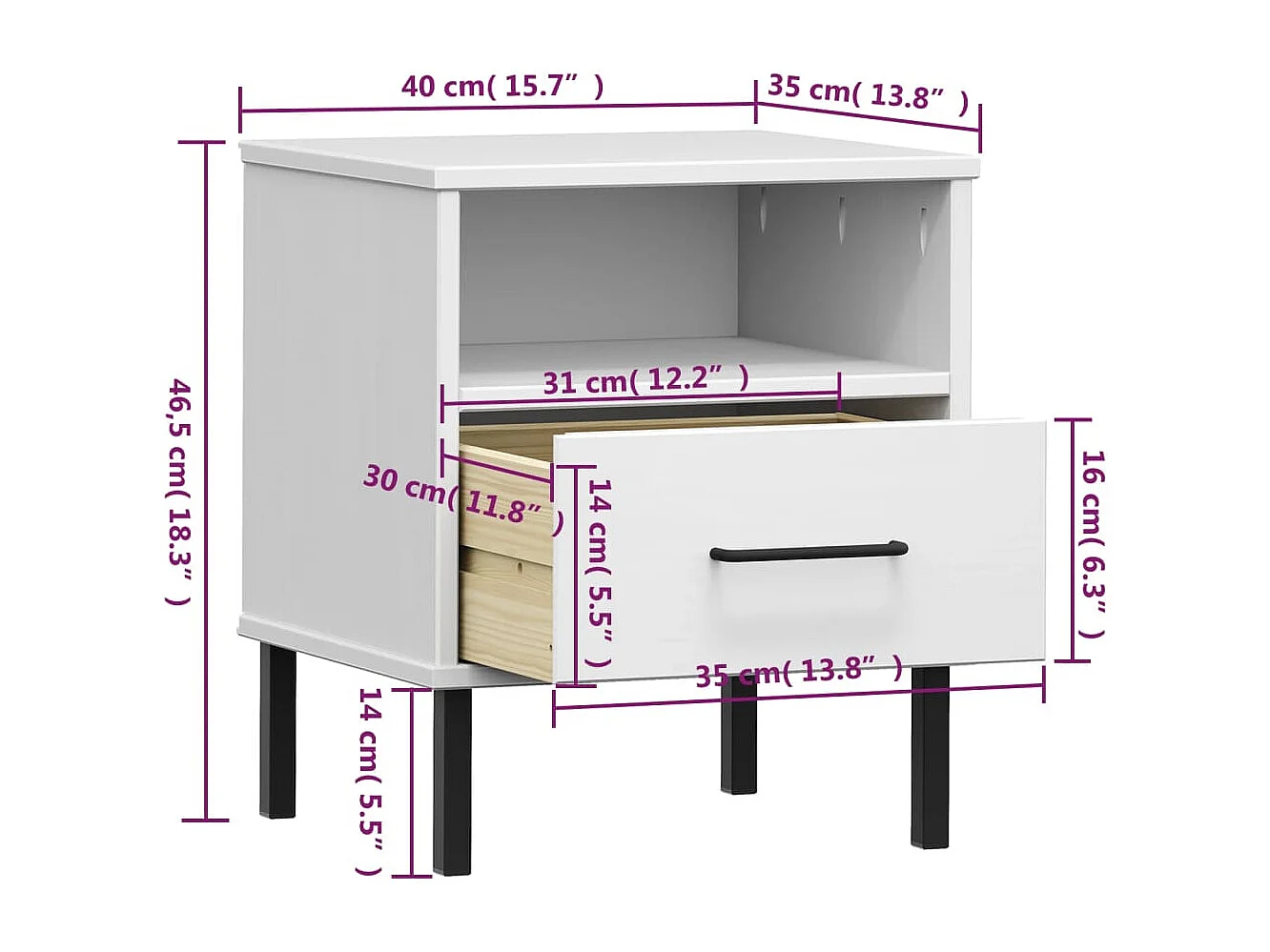 Table de chevet avec pieds en métal Blanc Bois pin massif OSLO