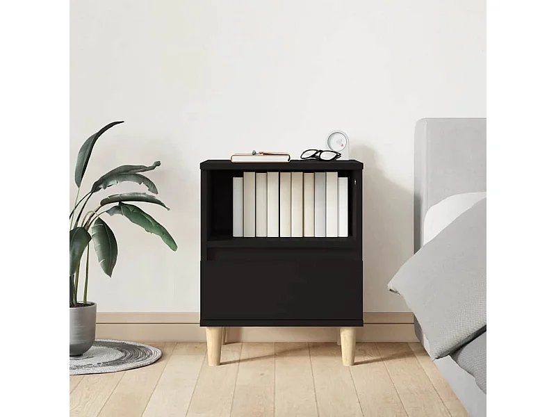 Czarna szafka nocna 40x35x50 cm z drewna inżynieryjnego z szufladą i przegródką, nowoczesny design i nogi z litego drewna