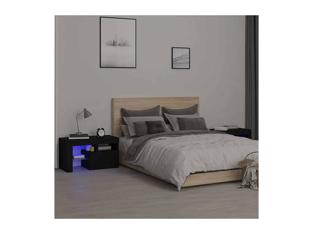 Comodini 2 pz con Luci a LED Neri 70x36,5x40 cm