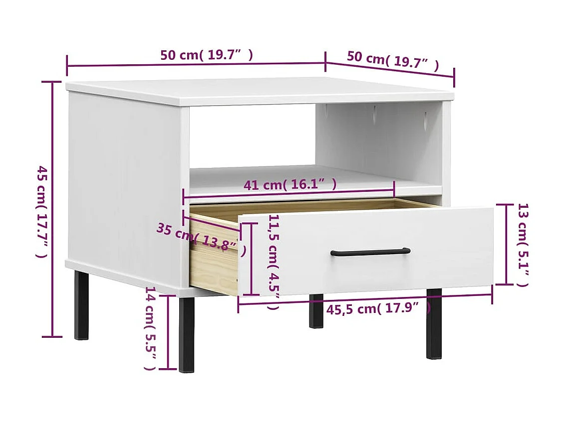 Table de chevet avec pieds en métal Blanc Bois pin massif OSLO