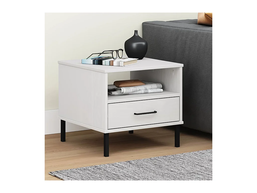 Table de chevet avec pieds en métal Blanc Bois pin massif OSLO