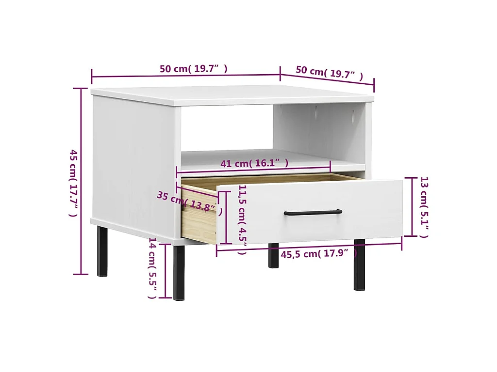 Comodino con Gambe in Metallo Bianco Legno Massello Pino OSLO