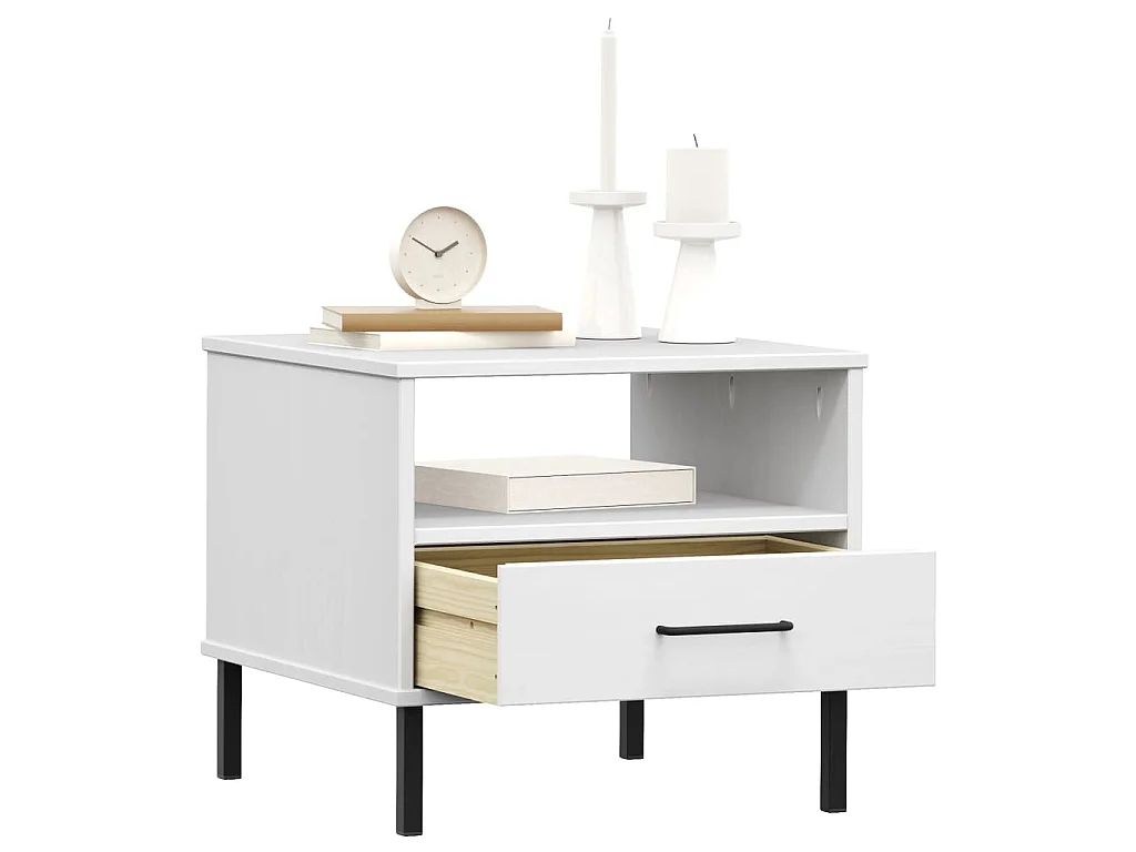Table de chevet avec pieds en métal Blanc Bois pin massif OSLO