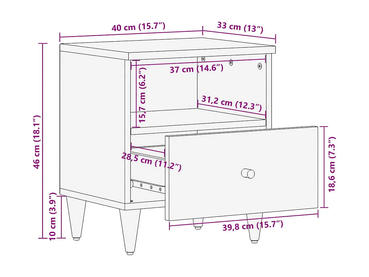 Comodino 40x33x46 cm in Legno Massello di Mango
