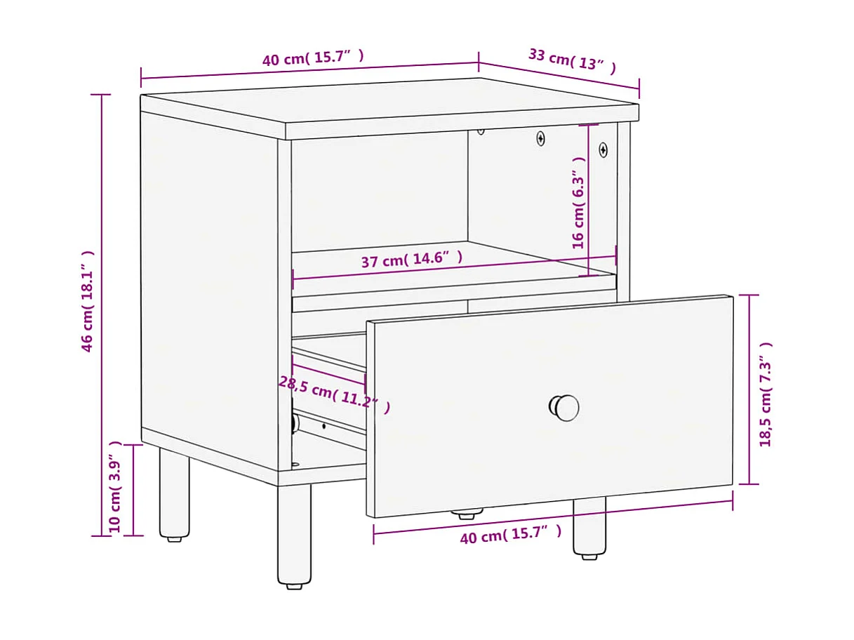 Comodini 2pz Neri 40x33x46 cm in Legno Massello di Mango