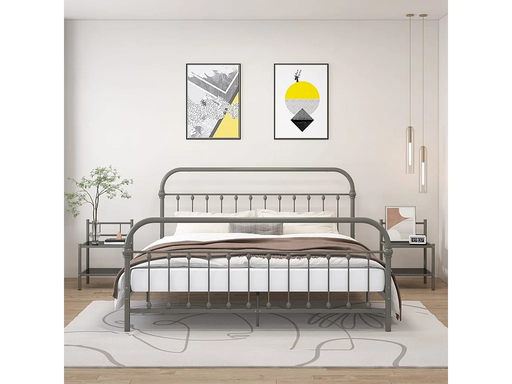 Mesas de cabeceira 2 pcs metal cinzento e vidro preto