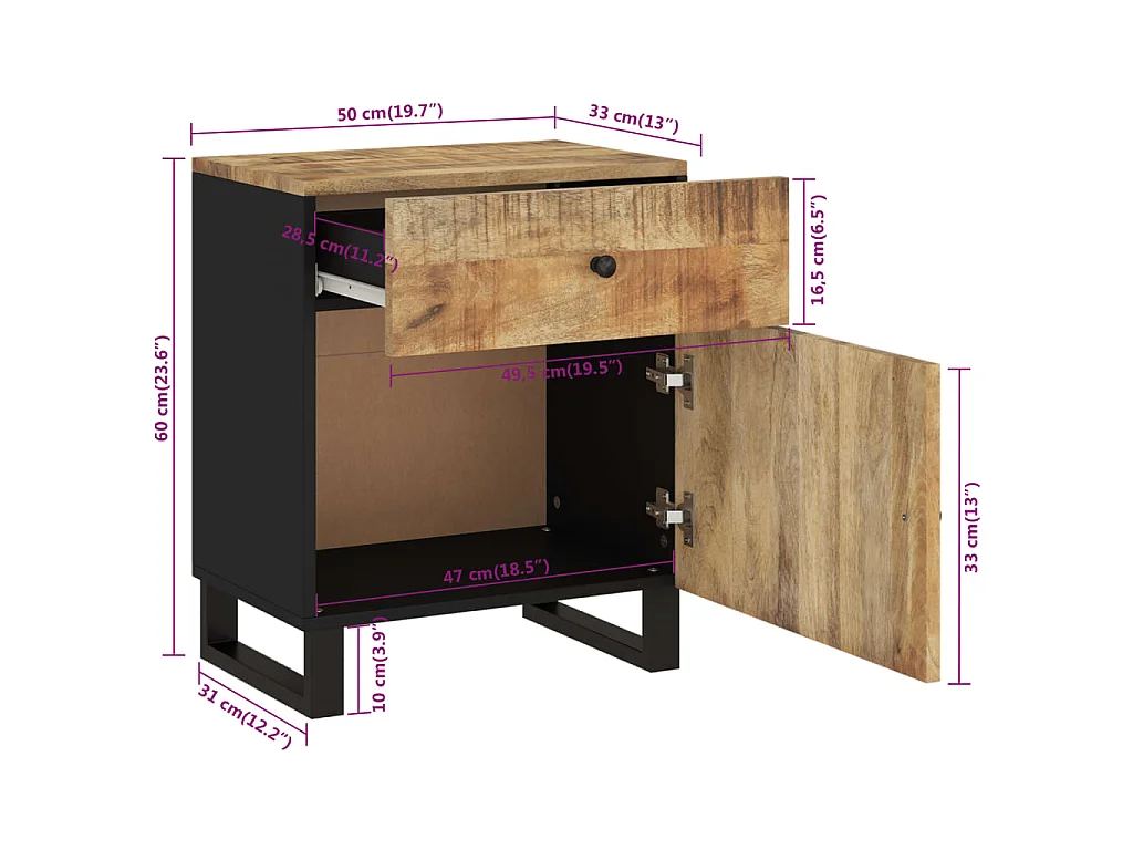 Nachttisch 50x33x60 cm Massivholz Mango & Holzwerkstoff
