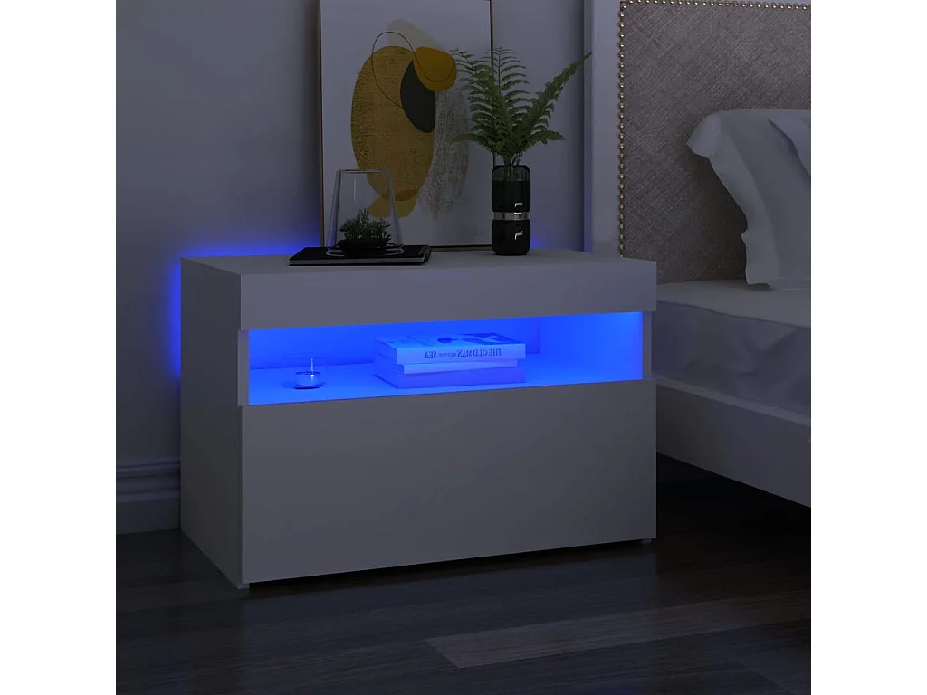 Mesa de cabeceira & luzes LED 60x35x40 cm deriv. madeira branco