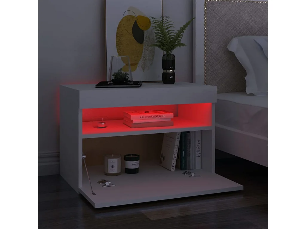 Mesa de cabeceira & luzes LED 60x35x40 cm deriv. madeira branco
