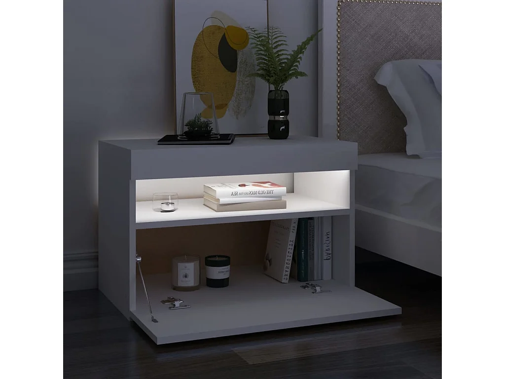 Mesa de cabeceira & luzes LED 60x35x40 cm deriv. madeira branco