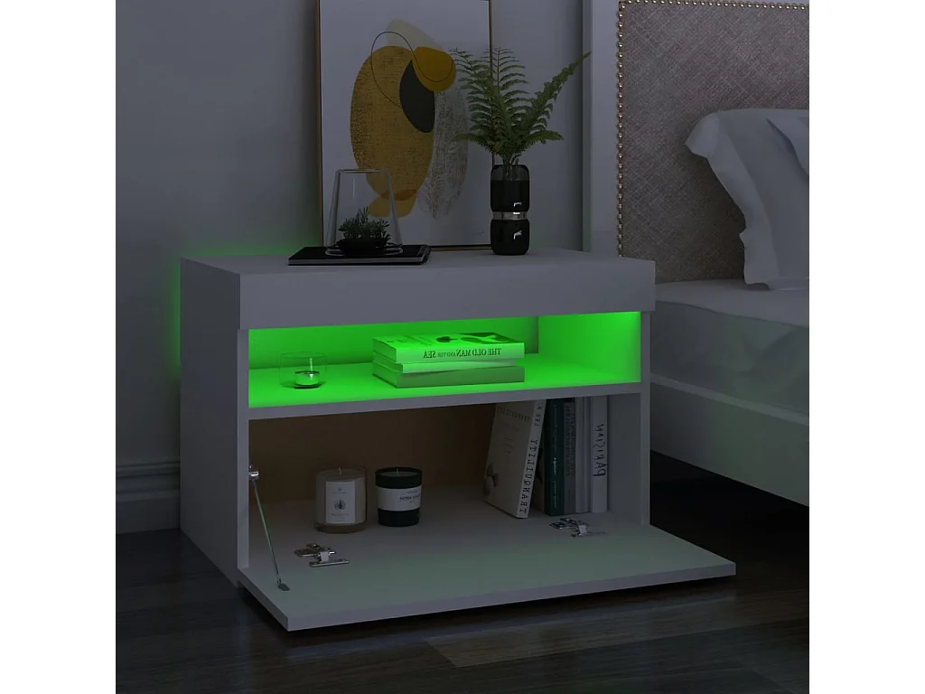 Mesa de cabeceira & luzes LED 60x35x40 cm deriv. madeira branco