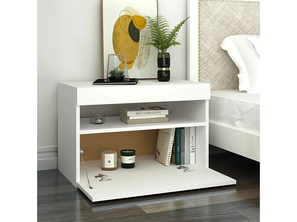 Mesa de cabeceira & luzes LED 60x35x40 cm deriv. madeira branco