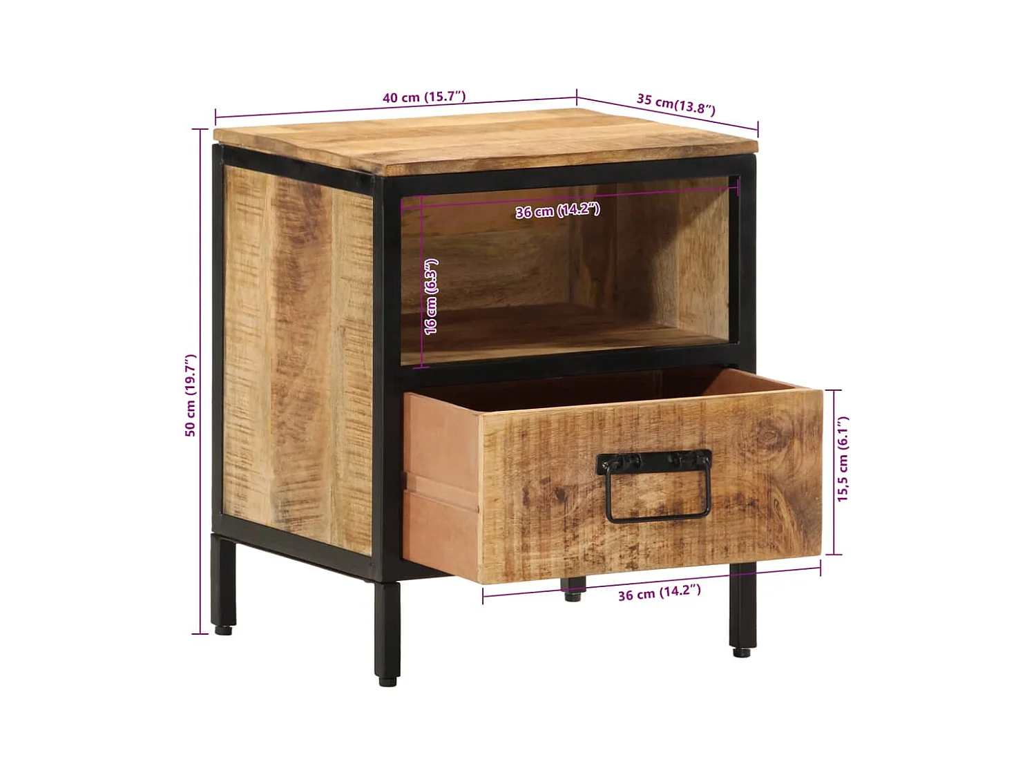 Comodino 40x35x50 cm in Legno Massello di Mango