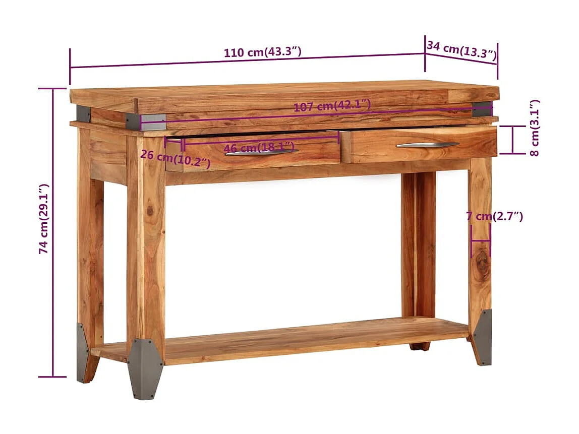 Wandtafel 110x34x74 cm massief acaciahout