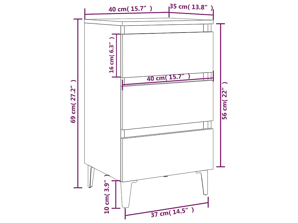 Mesa cabeceira pernas de metal 40x35x69 cm cor carvalho fumado
