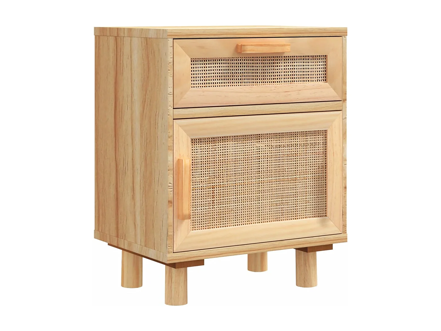 Nachttisch Braun Massivholz Kiefer und Natur-Rattan