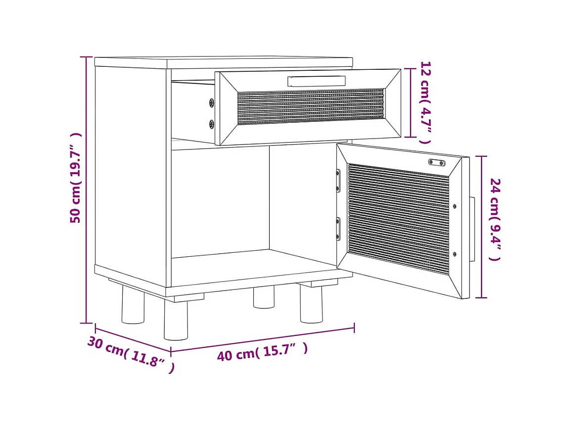 Nachtkastje massief grenenhout en natuurlijk rattan bruin
